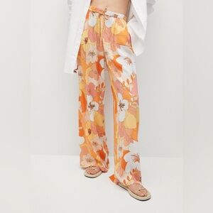 Mango Floral Wide-Leg Pants - Orange and White